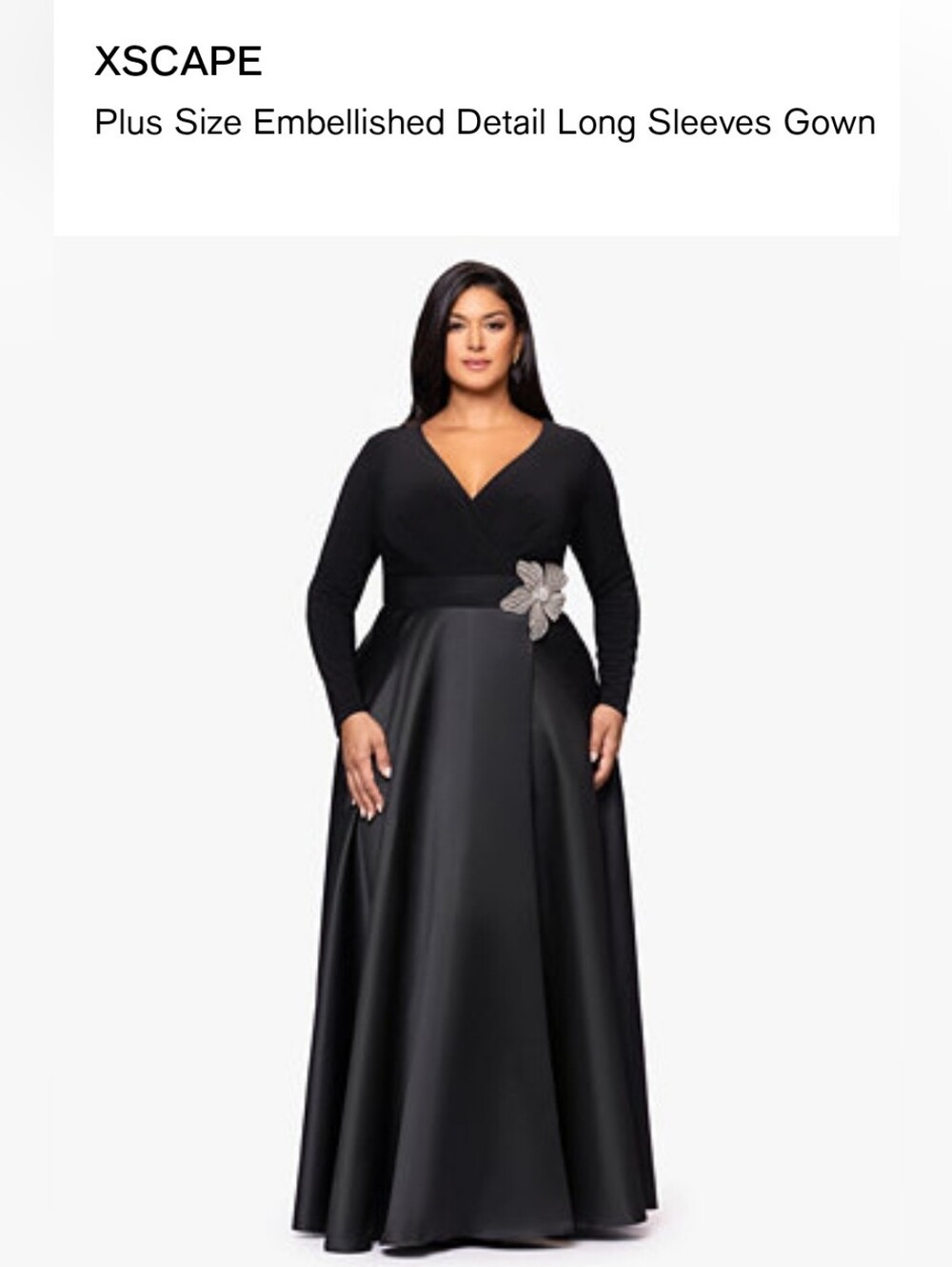Xscape Black Long-Sleeve V-Neck Embellished Evening Gown